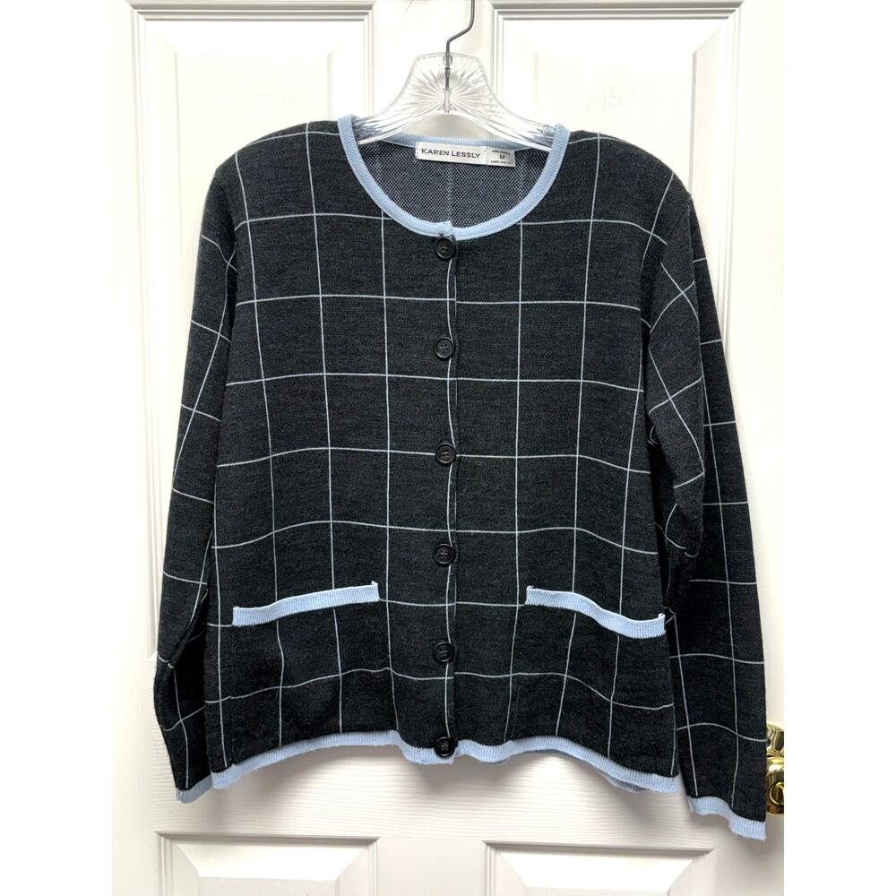 Karen Lessly Sweater Vintage Cardigan Made USA Shoulder Pads Windowpane Size M